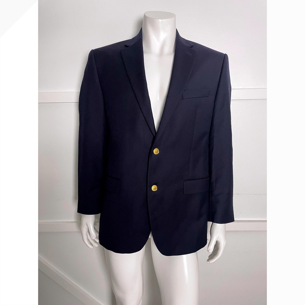 LRL Navy Blazer Mens Gold Crest Buttons Two Button Single Vent Sport Coat 40R